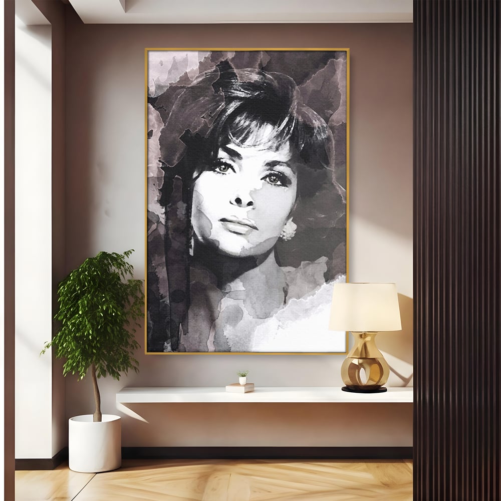 Tablou canvas cu tablou canvas cu portretul actritei sophia loren, in rama de aluminiu auriu